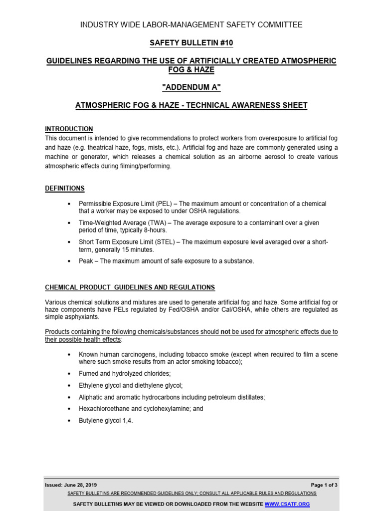 Guidelines for Safe Use of Fog & Haze | PDF | Occupational Safety And ...