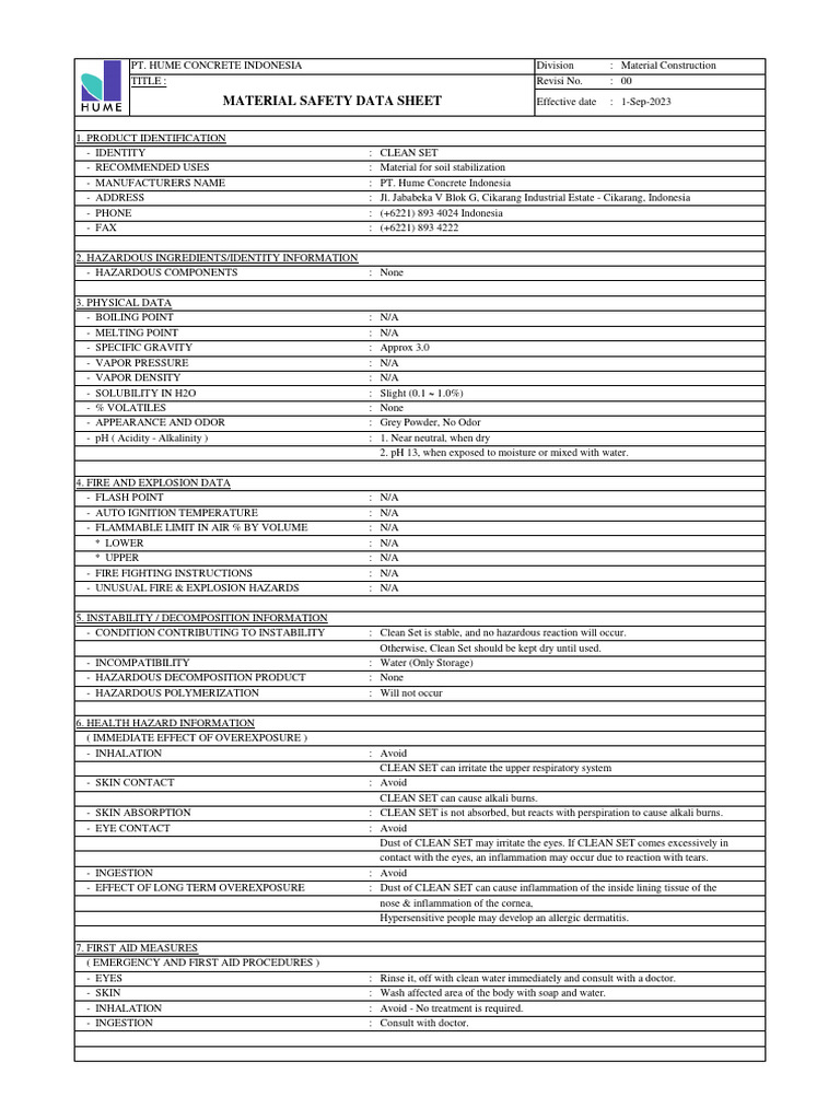 Clean Set Material Safety Data Sheet | PDF | Water | Waste
