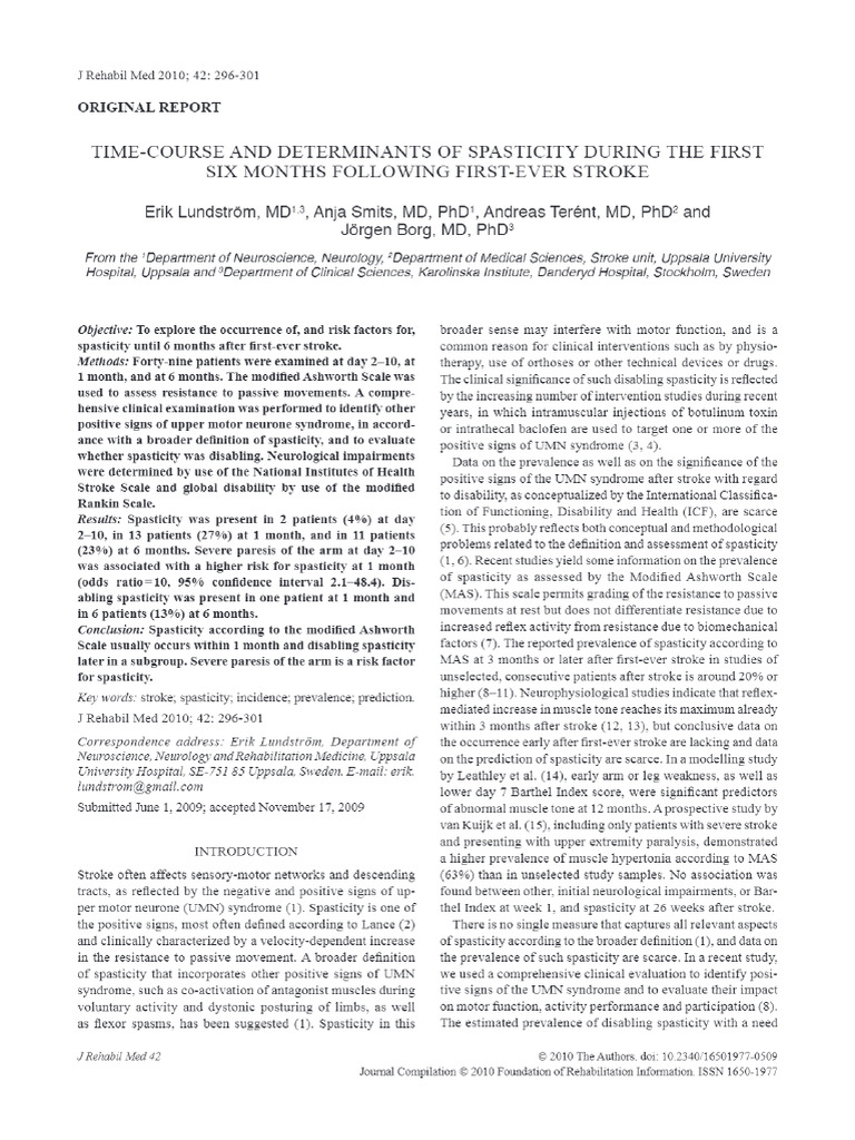 Time-Course and Determinants of Spasticity During The First Six Months ...