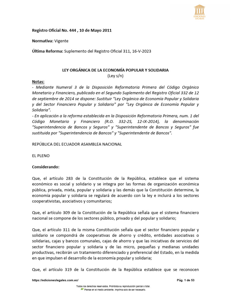 Ley Orgánica de La Economía Popular y Solidaria | PDF | Cooperativa ...