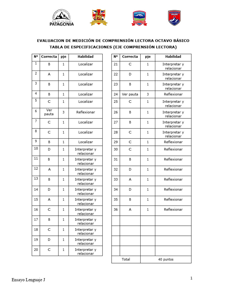 Tabla de Especificaciones Octavo Básico | PDF