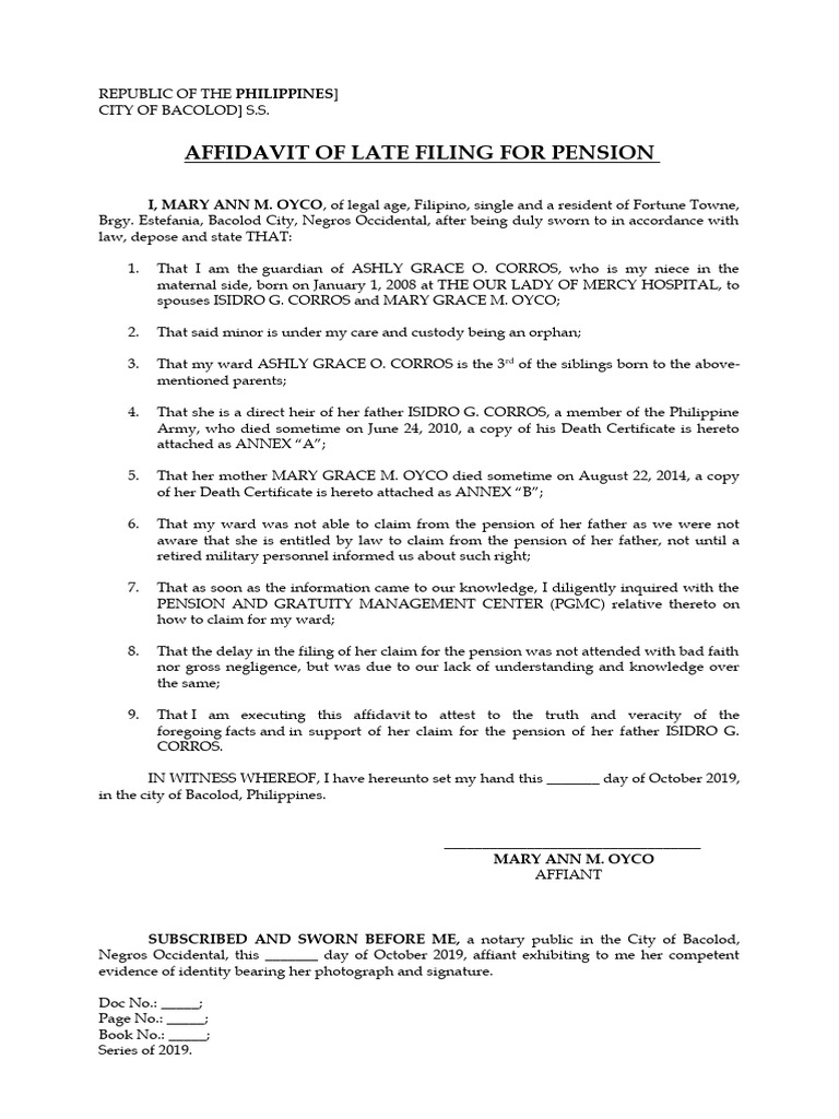 Affidavit of Late Pension Filing | PDF | Affidavit | Civil Law (Common Law)