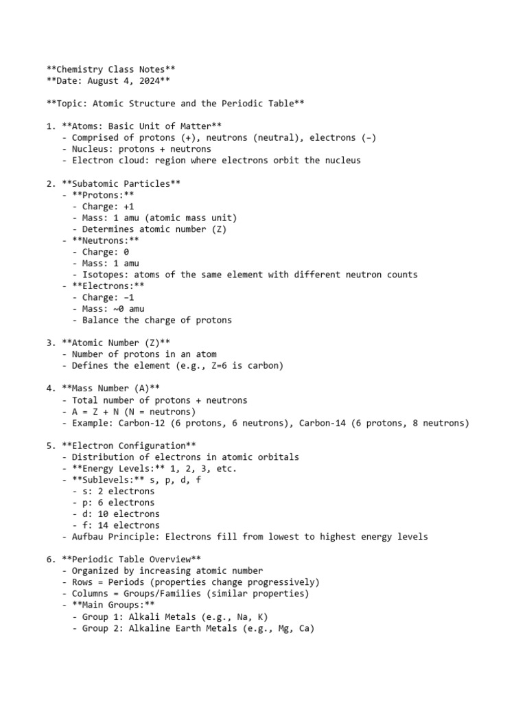 Atomic Structure & Periodic Table Notes | PDF | Teaching Methods ...