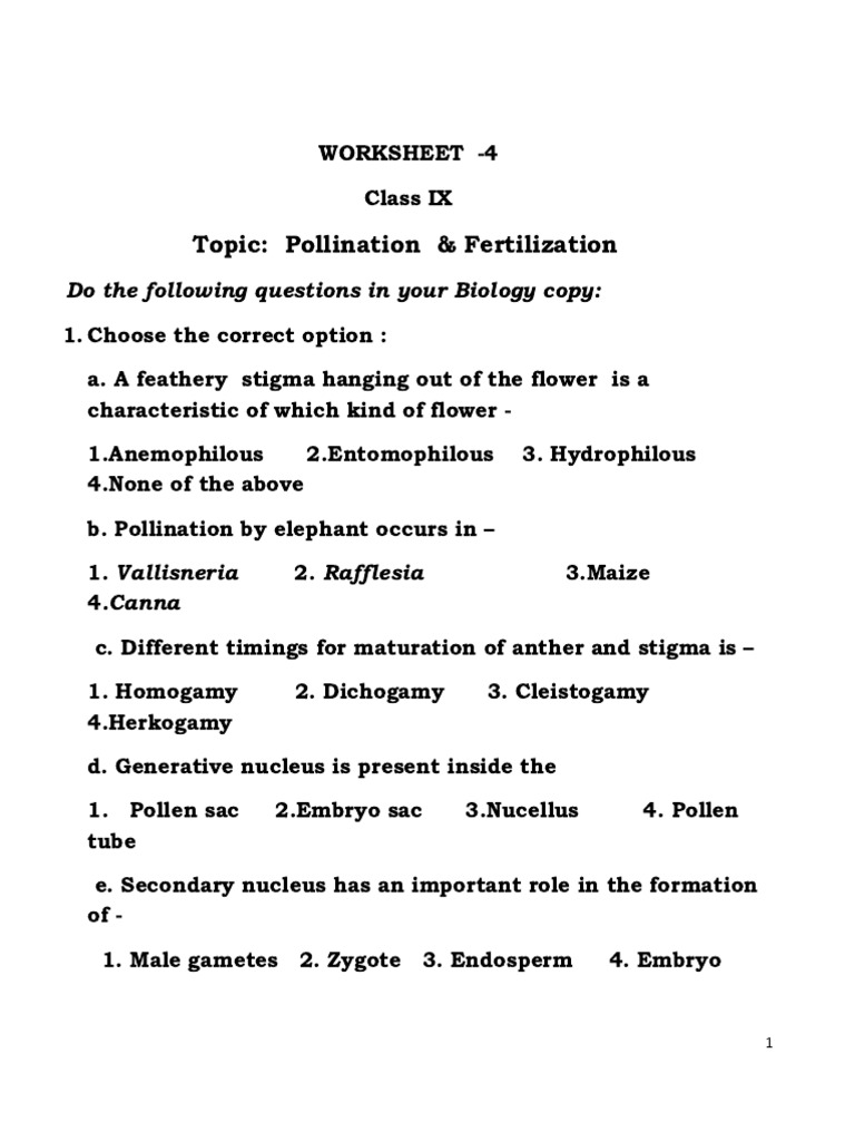 Worksheet Class9 Pollination Fertilization Pdf Flowers Pollination