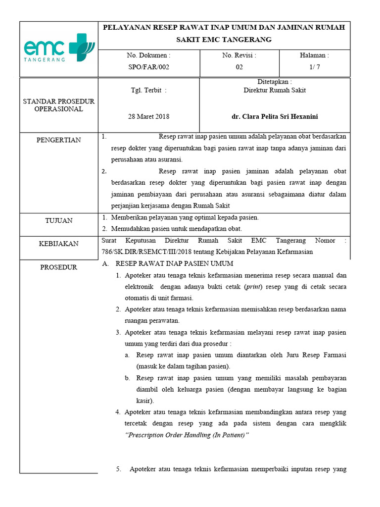 Prosedur Resep Rawat Inap EMC Tangerang | PDF