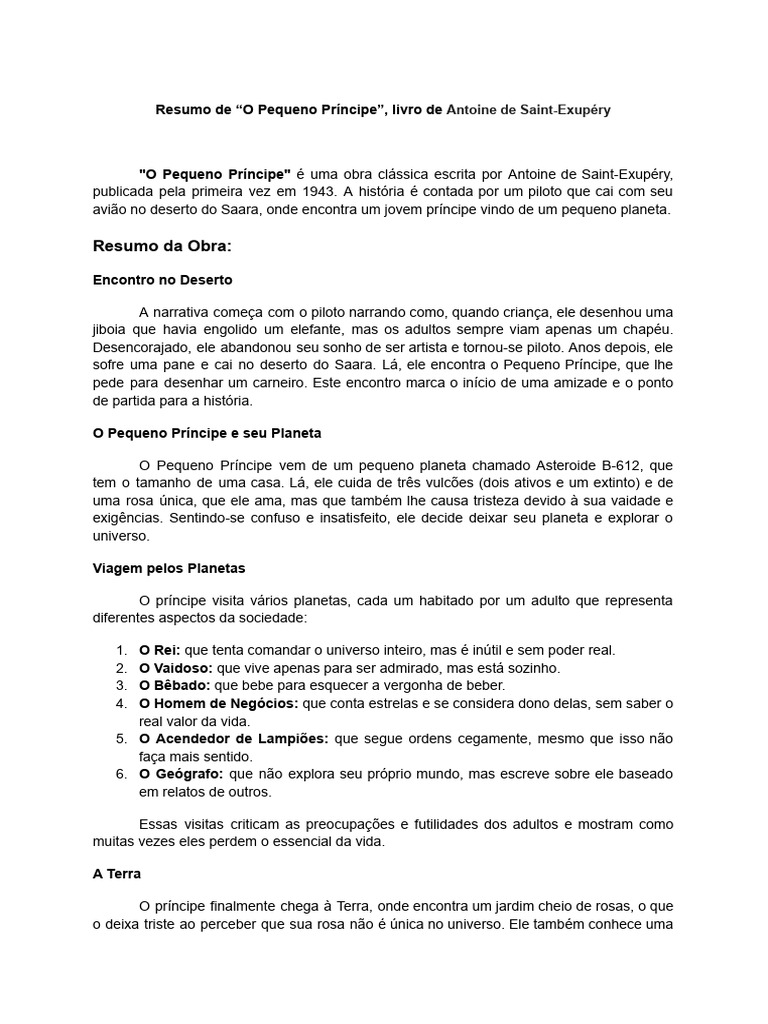 Resumo de O Pequeno Príncipe | PDF | O Pequeno Príncipe
