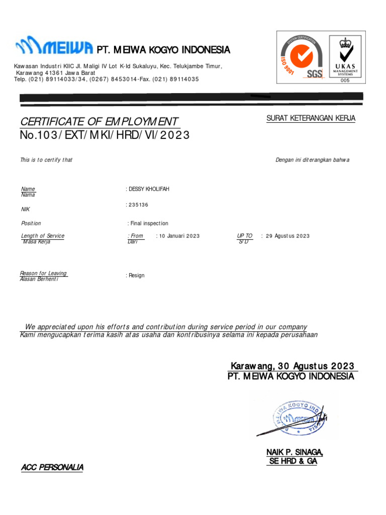 Surat Keterangan Kerja PT Meiwa Kogyo | PDF