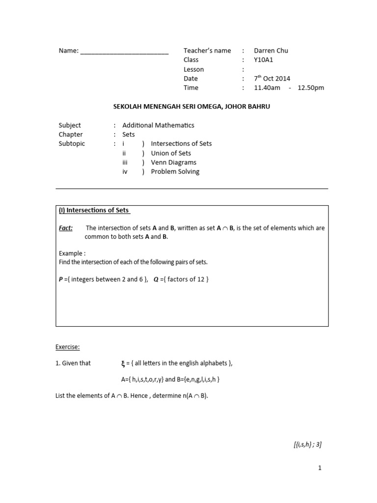 Additional Mathematics: Sets & Venn Diagrams | PDF | Set (Mathematics ...