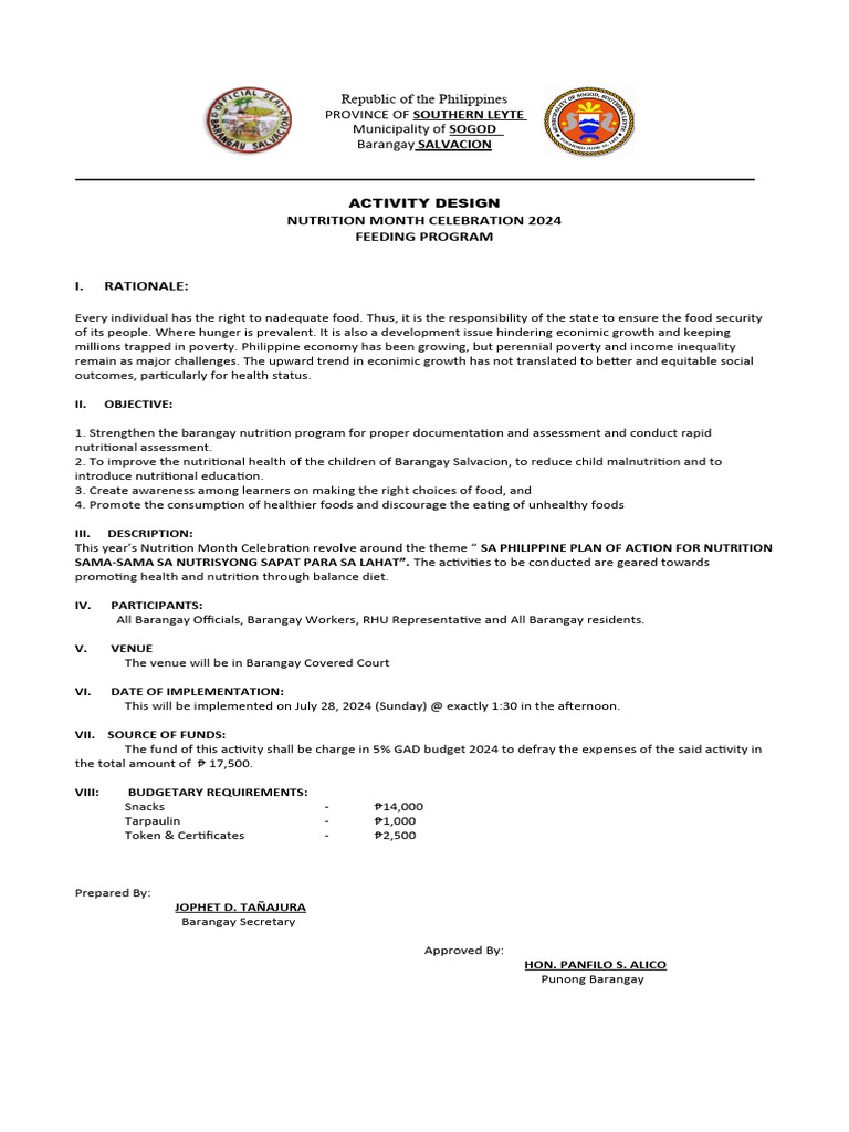 Activity Design Nutrition Month 2024 Pdf Poverty Poverty