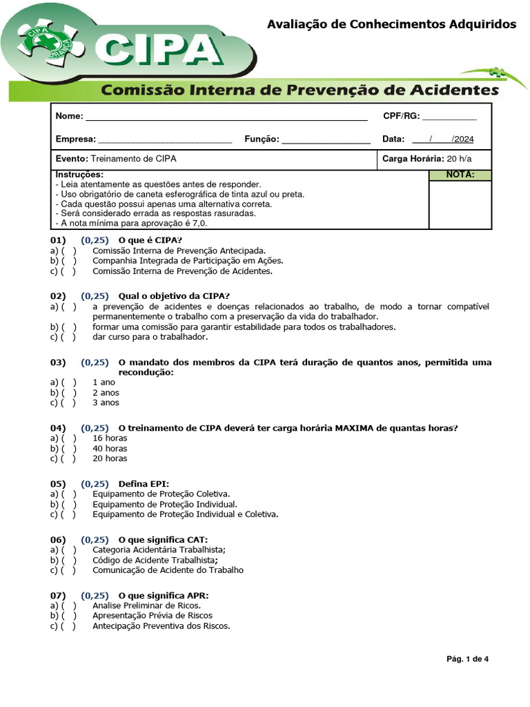 Avaliação de Conhecimentos sobre CIPA | PDF | Negócios | Computadores