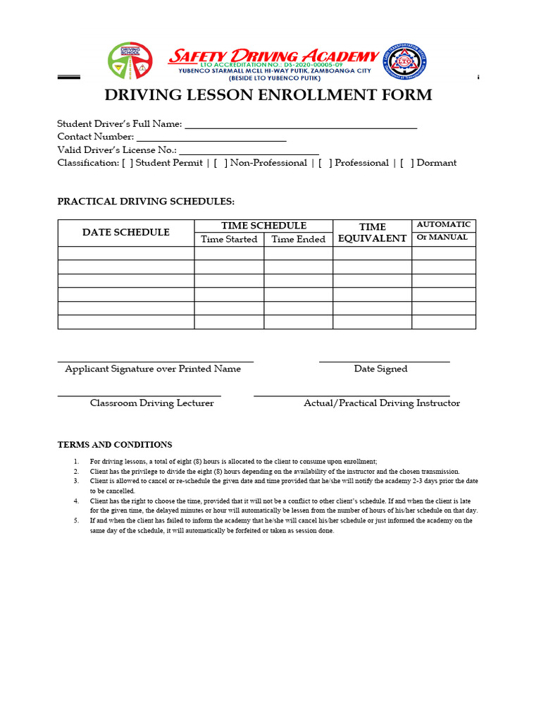 Enrollment Form Driving Lesson Pdf