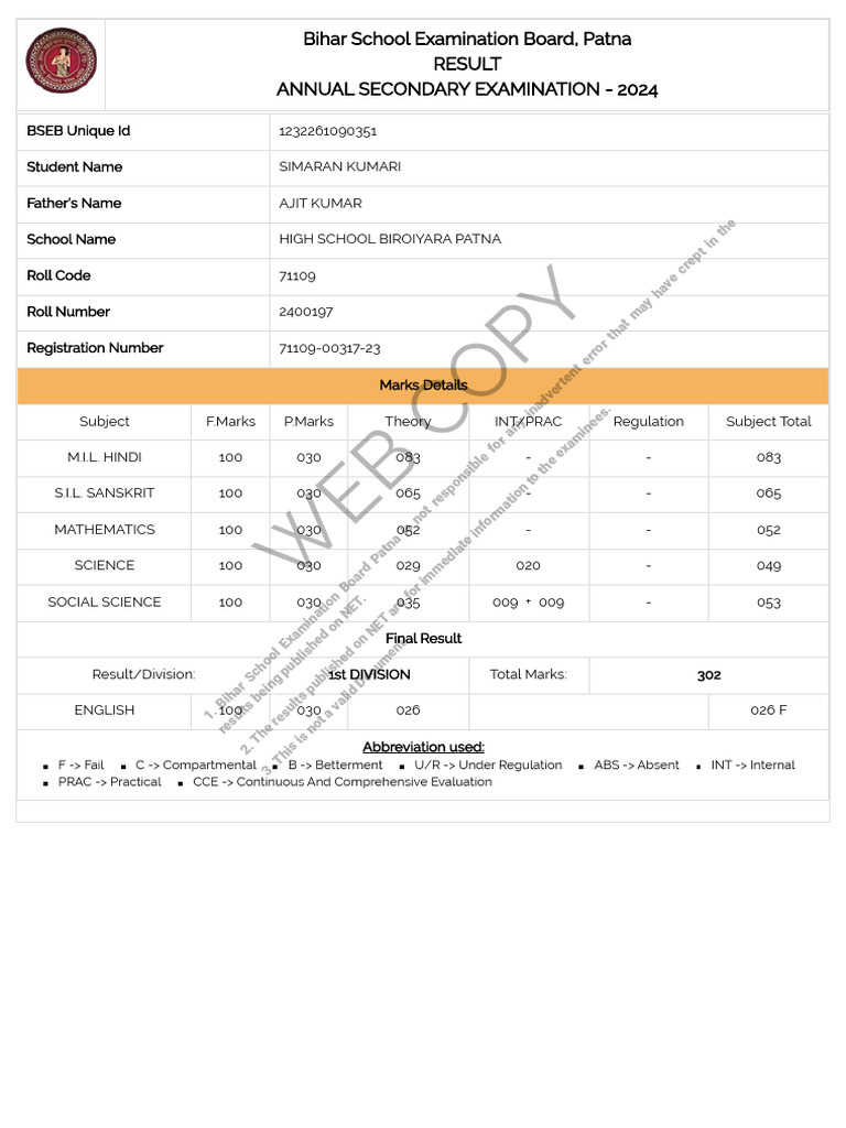 Student Exam Results Summary | PDF