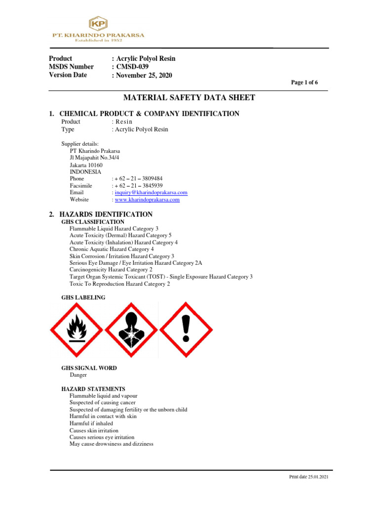 Acrylic Polyol Resin MSDS Overview | PDF | Water | Toxicity