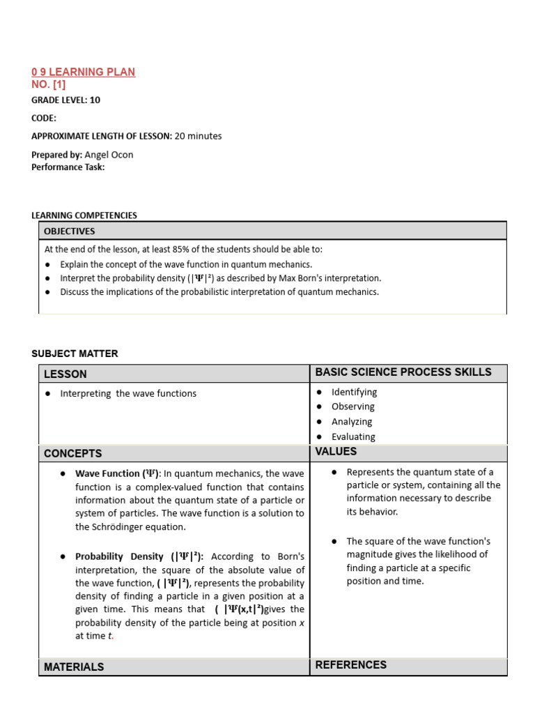 3 Learning Plan Template 1 | PDF | Wave Function | Quantum Mechanics
