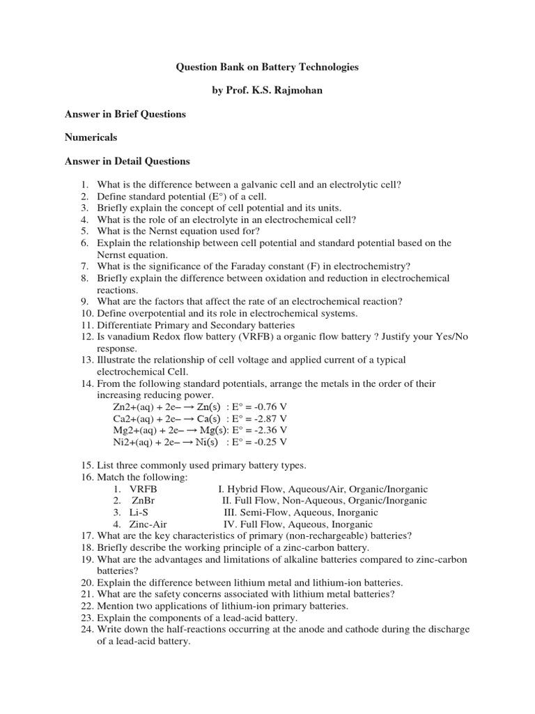 Question Bank Battery Technologies | PDF | Lithium Ion Battery ...