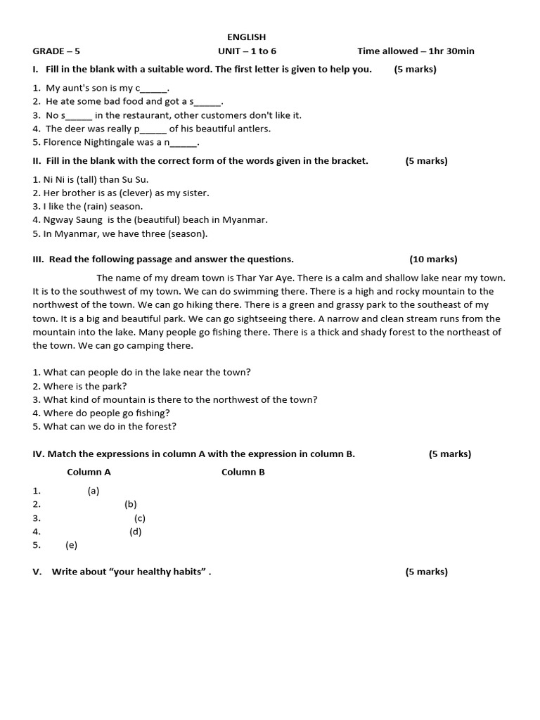 Grade 5 English Unit 4 Assessment | PDF