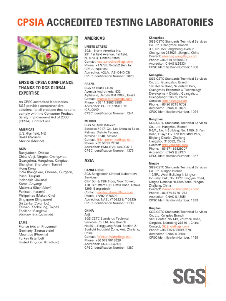 CPSIA Accredited SGS Laboratories Worldwide | PDF | Production And ...