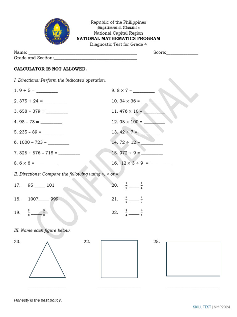 Grade 4 Math Diagnostic Test NMP2024 | PDF