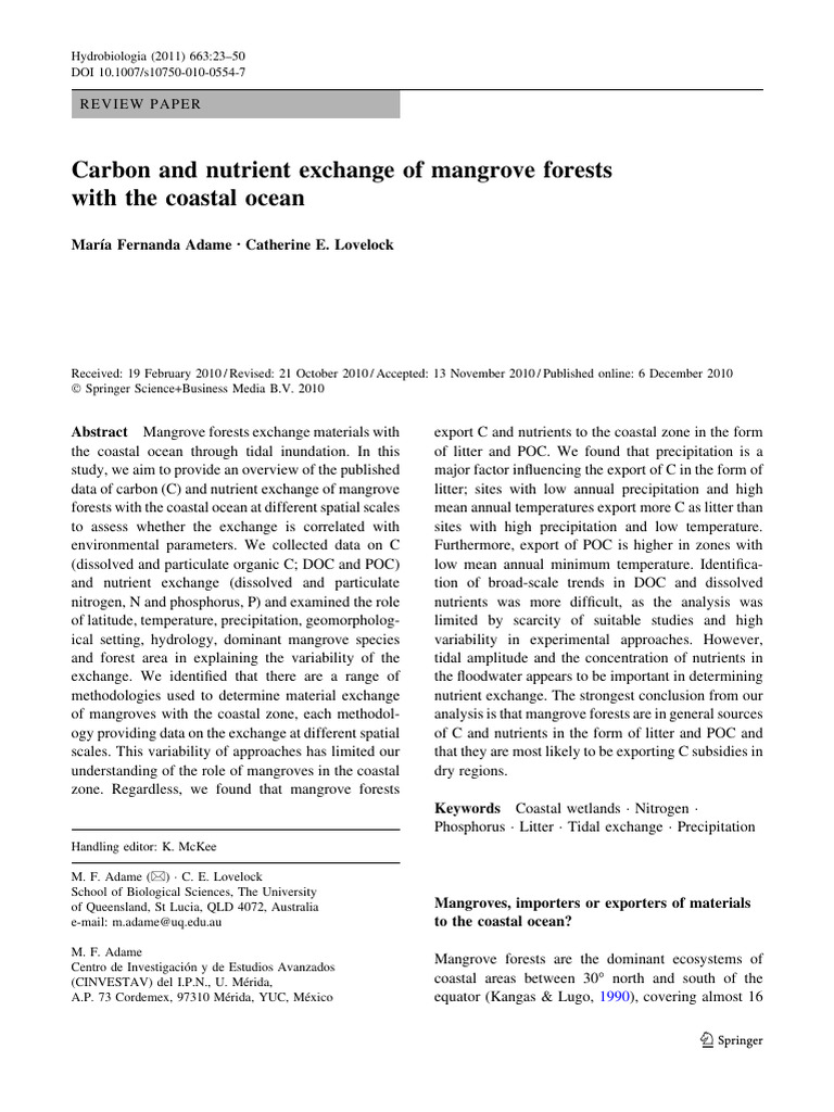 Carbon and Nutrient Exchange of Mangrove Forests With The Coastal Ocean ...