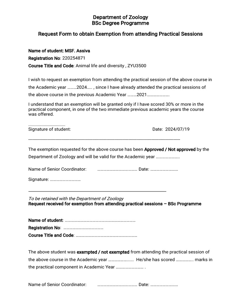 Request Form For Exemptions For Practical Pdf