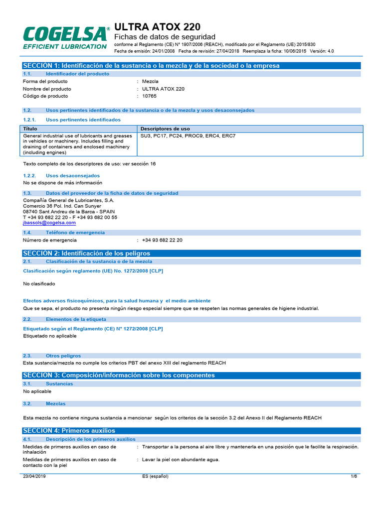 Ultra Atox 220 - 10765 - FDS - Es - Es - 4.0 | PDF | Toxicidad | Química