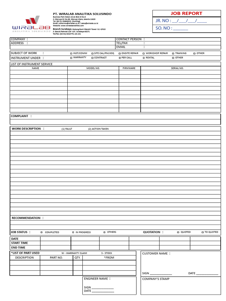 Job Report Template for Instrument Service | PDF