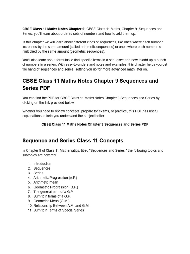 Class 11 Maths: Sequences & Series Notes | PDF | Mathematics | Summation