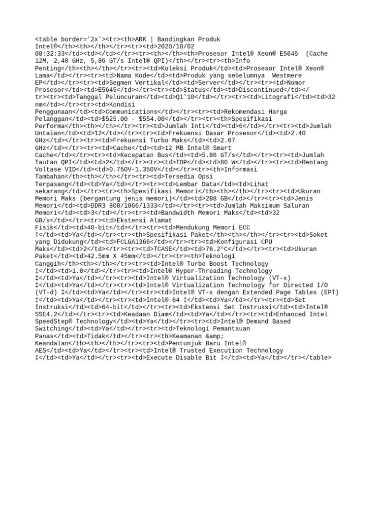 INTEL PRODUCT SPECIFICATIONS ARK visual data 3