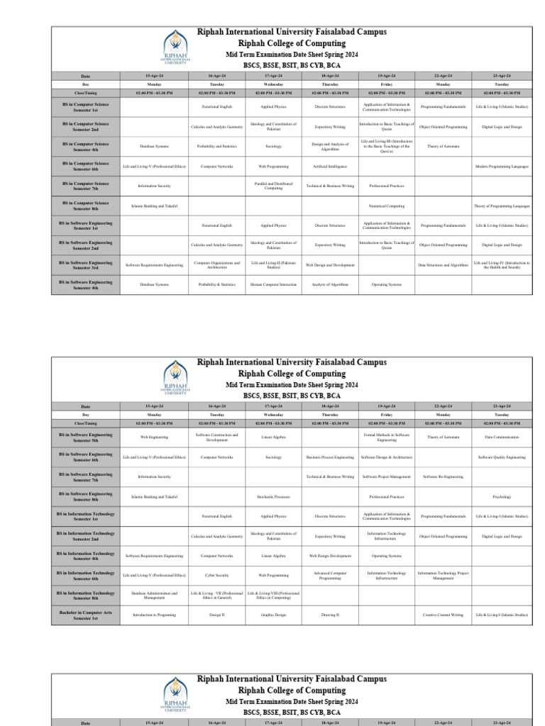 Mid term examination date sheet spring 2024 pdf computer science