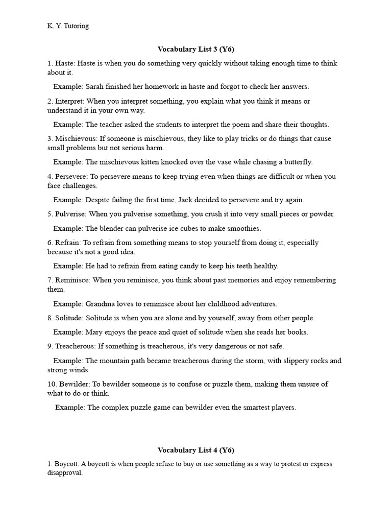 List 3 4 Year 6 Vocabulary Pdf