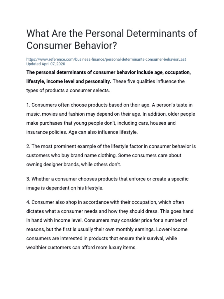Personal Determinants of Consumer Behavior | PDF | Consumer Behaviour ...
