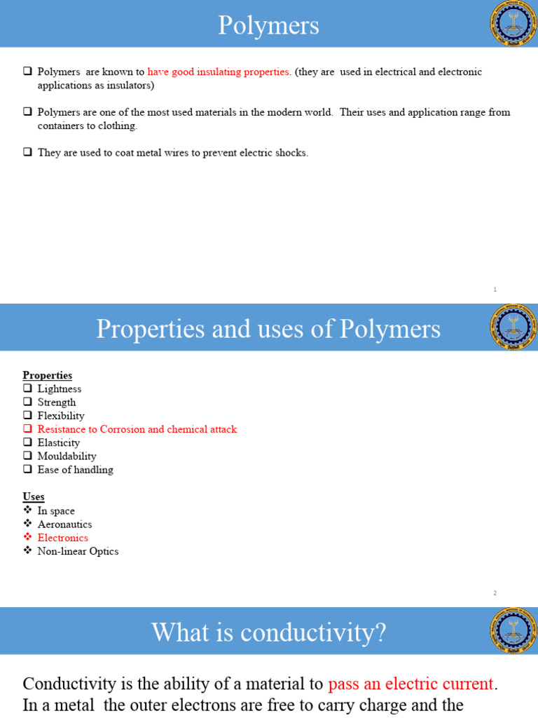 Conducting Polymers: Properties & Applications | PDF | Electrical ...