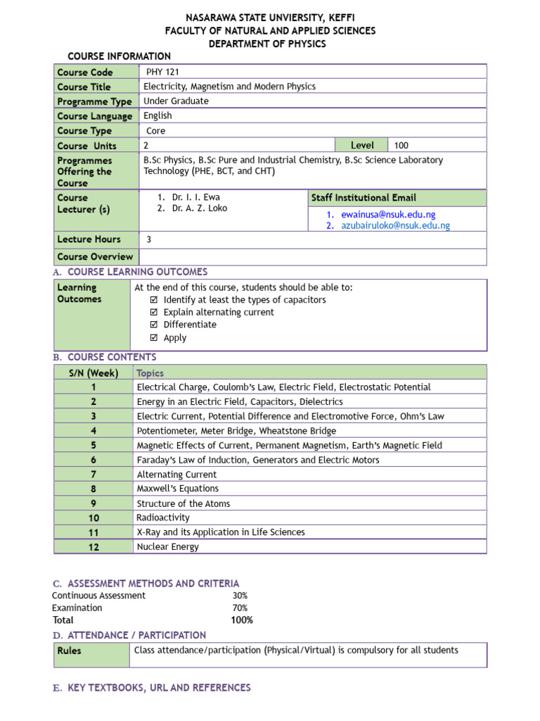 PHY 121 Course Overview and Details | PDF | Electricity | Electric Field