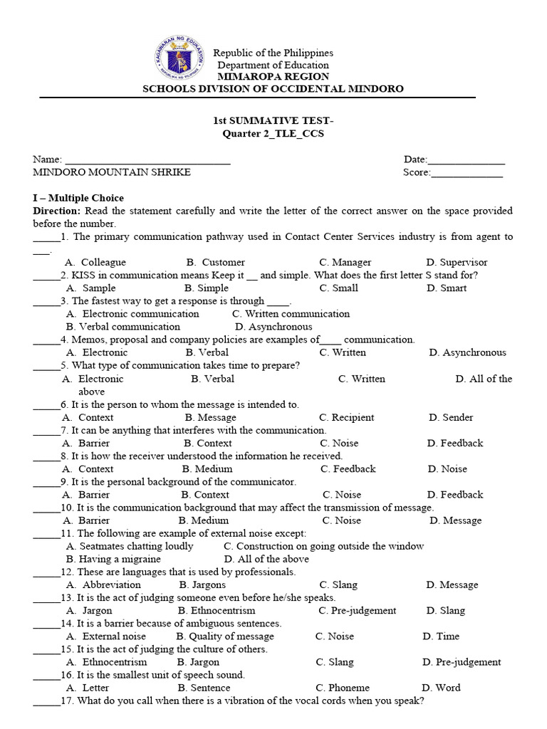 1st Summative 2nd Quarter 1 5 Pdf Communication Vowel