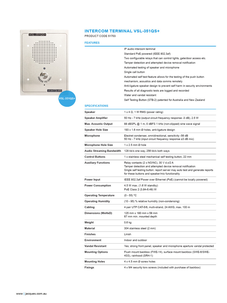 Jacques Intercom VSL-351QS+ Manual | PDF | Microphone | Loudspeaker