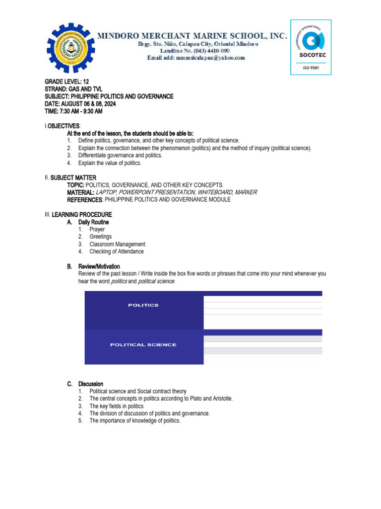 Philippine Politics Lesson Plan | PDF | Science | Political Science