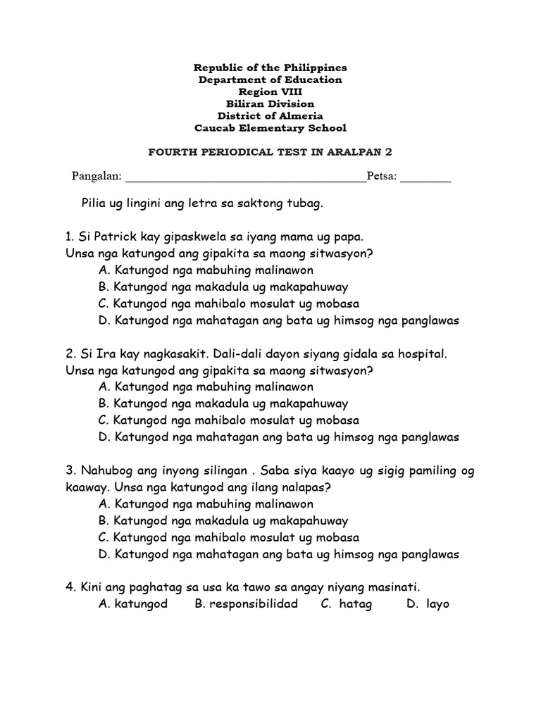 Fourth Periodical Test in Aralpan 2 | PDF