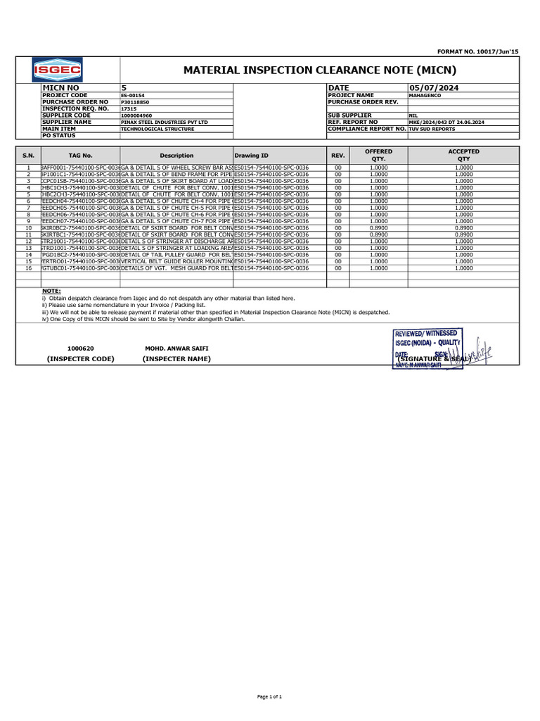 Material Inspection Clearance Note | PDF | Manufactured Goods ...