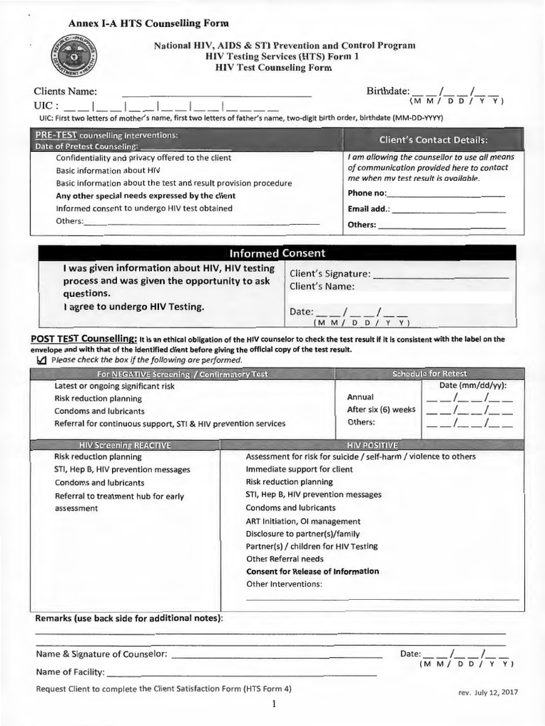 HIV Testing Services Counselling Form | PDF | Sexually Transmitted ...