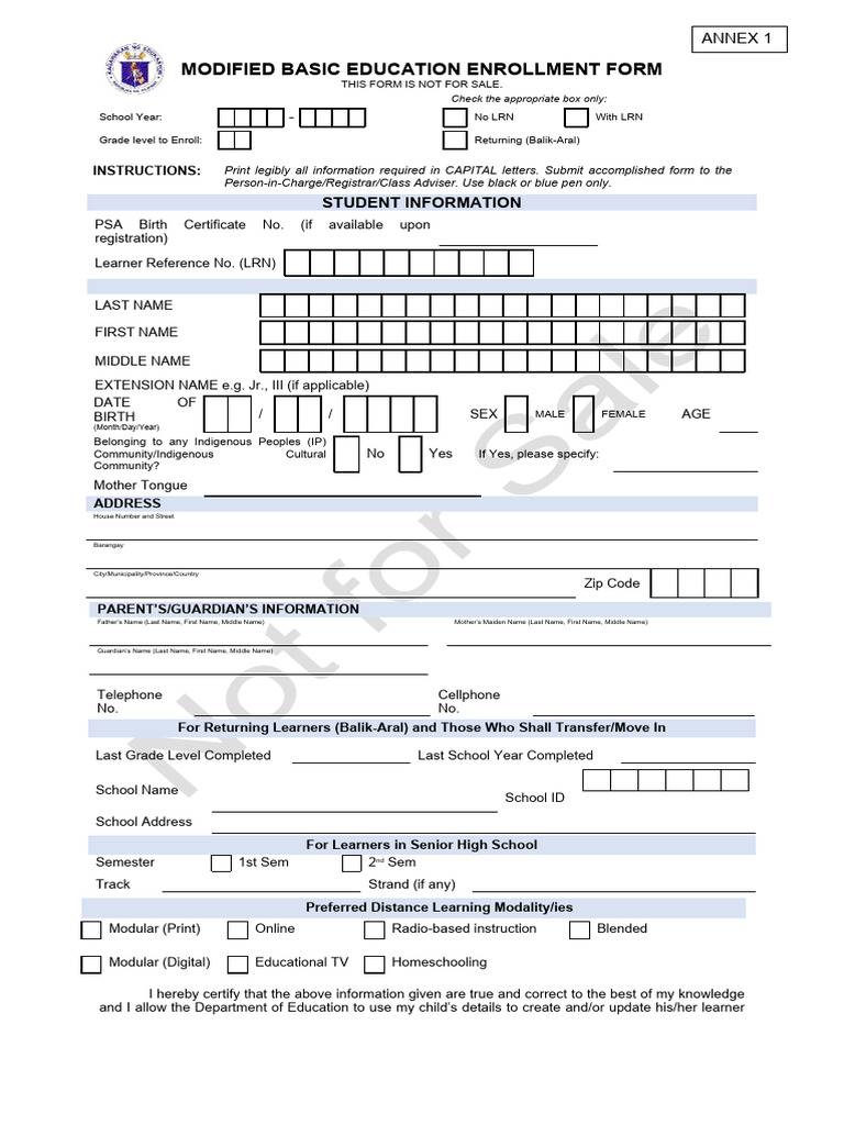Modified Basic Education Enrollment Form | PDF | Learning