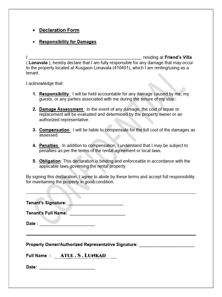 Tenant Damage Responsibility Form | PDF