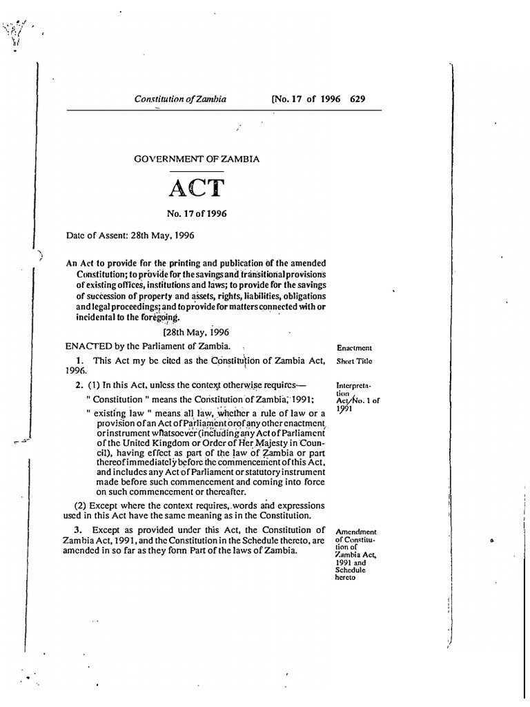 Constitution of zambia act 1996 pdf government legal documents