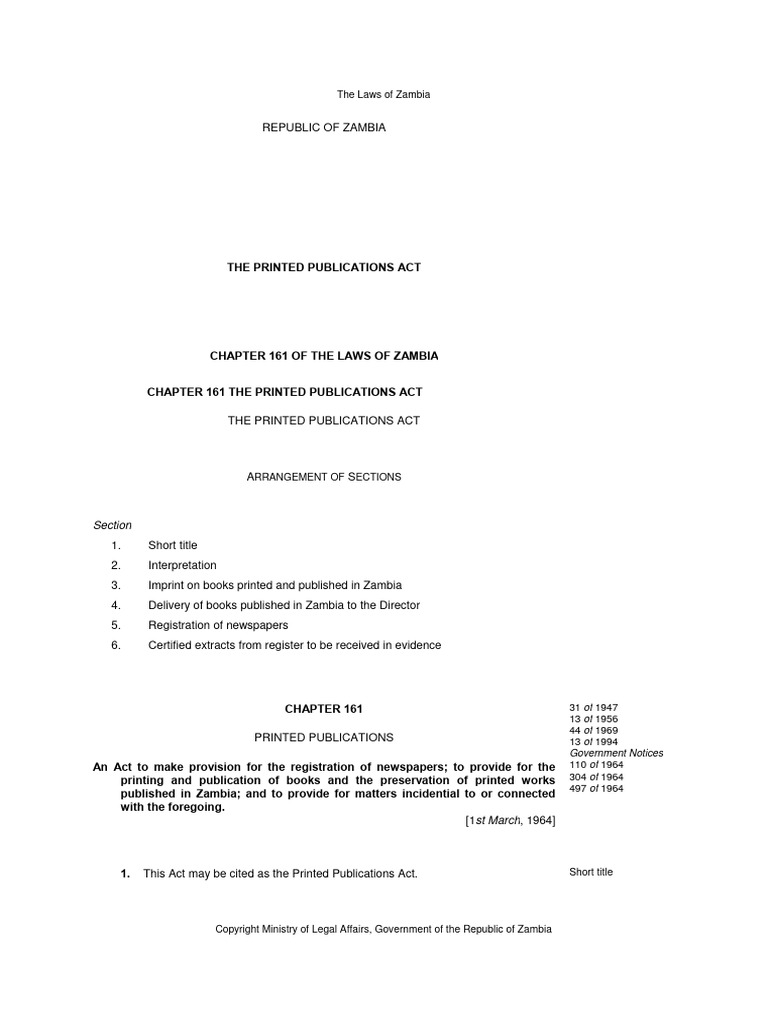 Zambia Printed Publications Act Overview | PDF | Books | Copyright