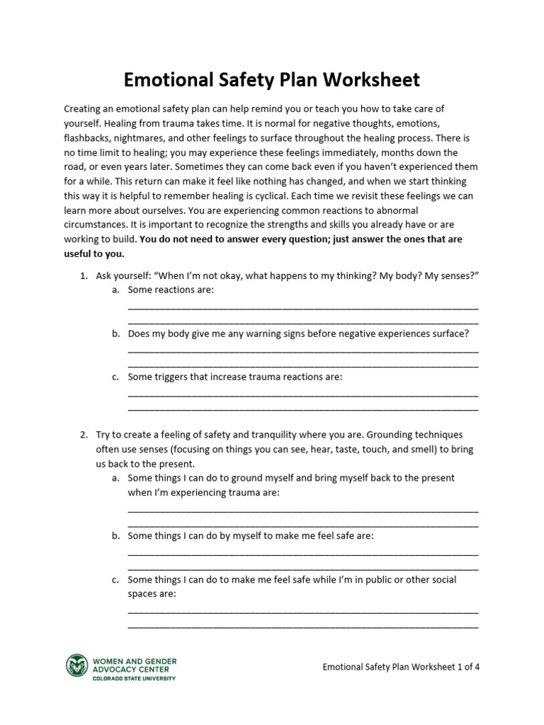 Emotional Safety Plan Worksheet Guide | PDF | Psychological Trauma ...