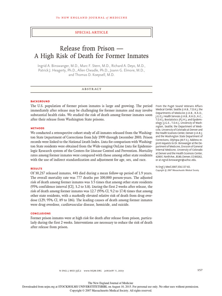 Release From Prison - A High Risk of Death For Former Inmates | PDF ...