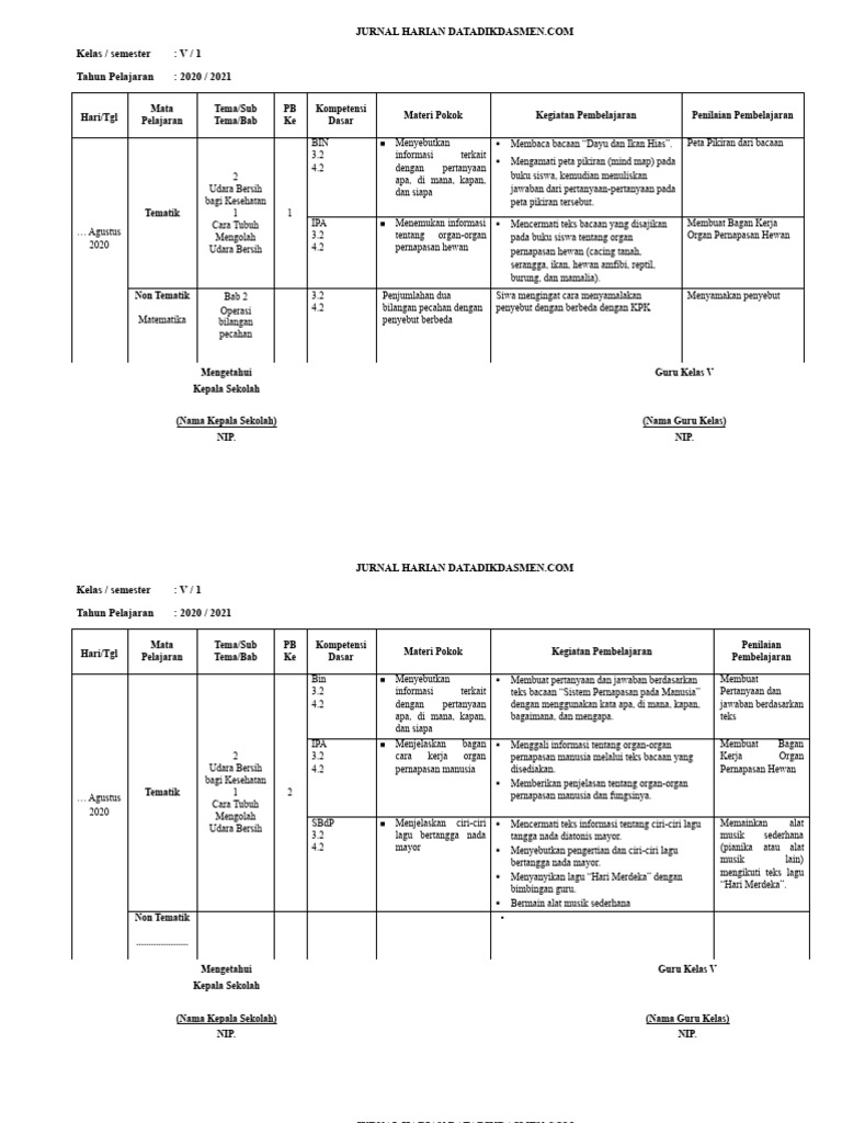 Jurnal Harian Kelas 5 Kurikulum Merdeka | PDF