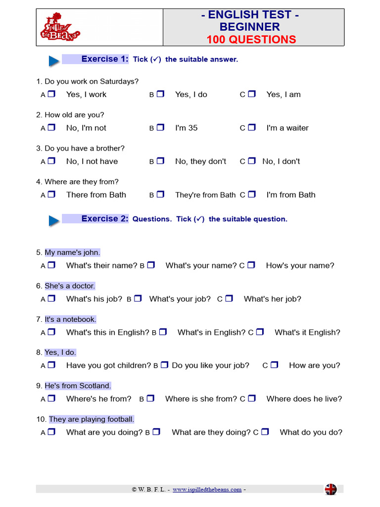 A1 English Test: 100 Beginner Questions | PDF | English Language | Syntax