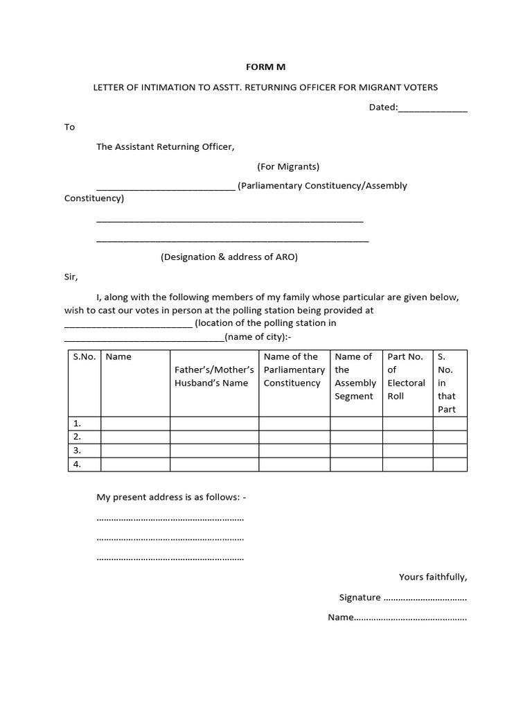 Migrant Voter Intimation Form M | PDF | Elections | Political Events
