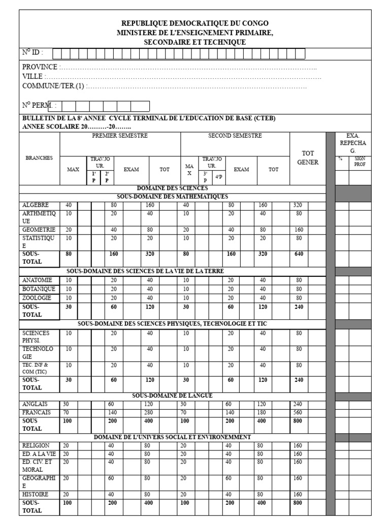 Bulletin Scolaire 8e Année RDC 2023 | PDF