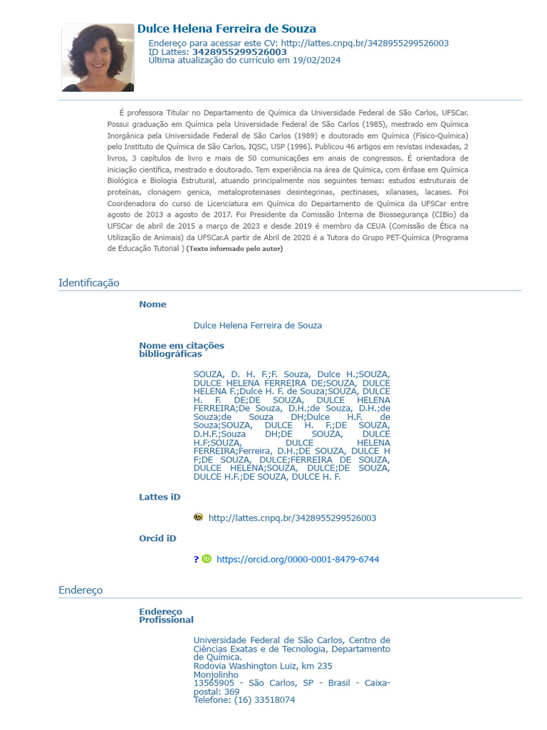Perfil Acadêmico de Dulce H. Souza | PDF | Bioquímica | Química